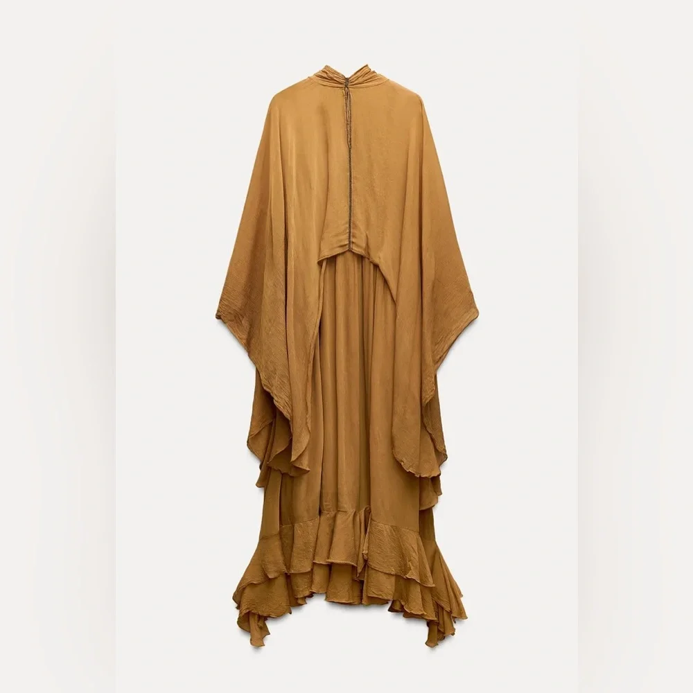 Zara dress maxi cape mustard yellow flowy kimono kaftan boho summer - Picture 9 of 11